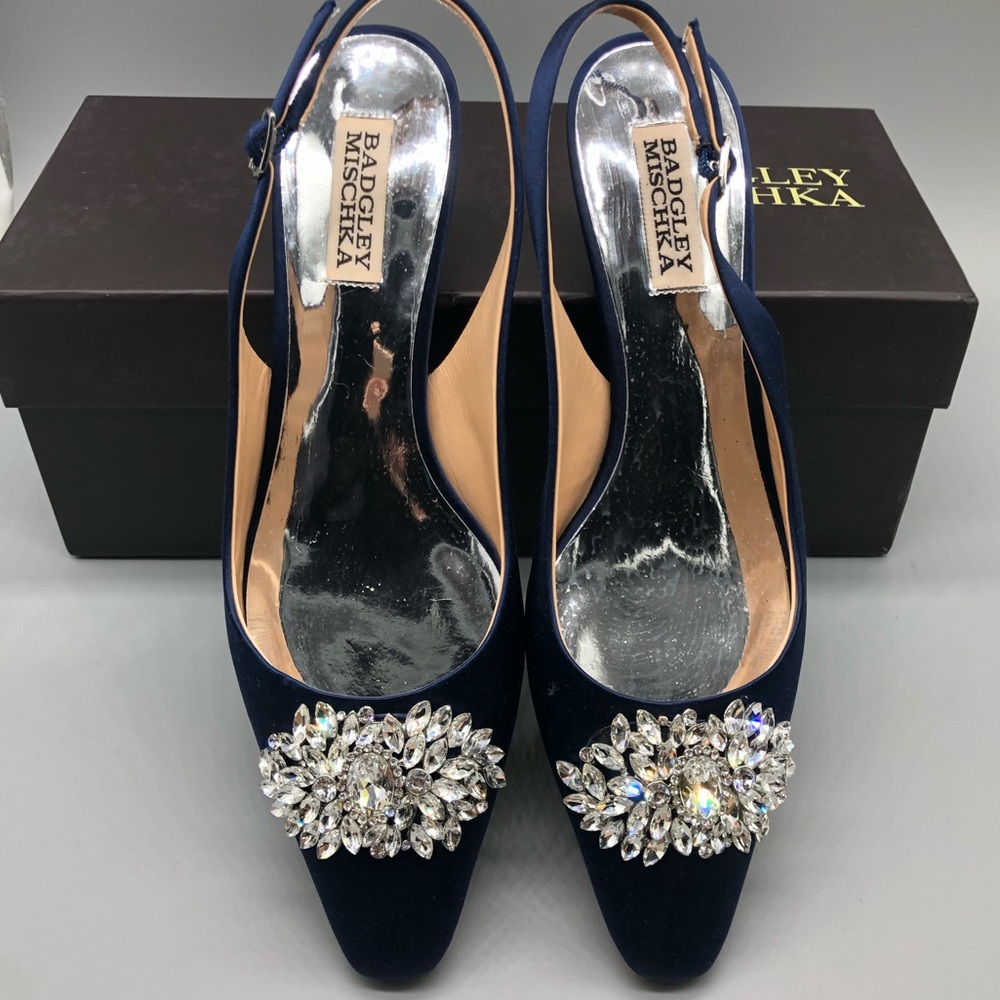 Badgley Mischka blue satin jeweled kitten heels